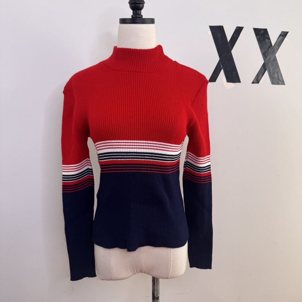 Vintage 90s Striped Colorblock Sweater Mock Neck Preppy Indie Knit S / M